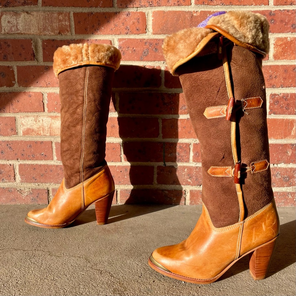 Vintage Brown Suede Cream Sherpa Lined Calf Height Heeled Boots Size 6.5 D - Picture 11 of 16